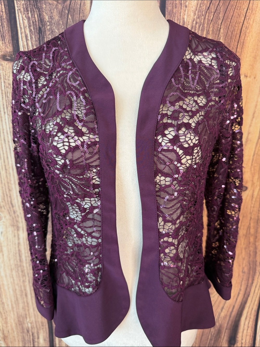 R&M Richards Deep Plum Lace Sequin Open-Front Blazer
